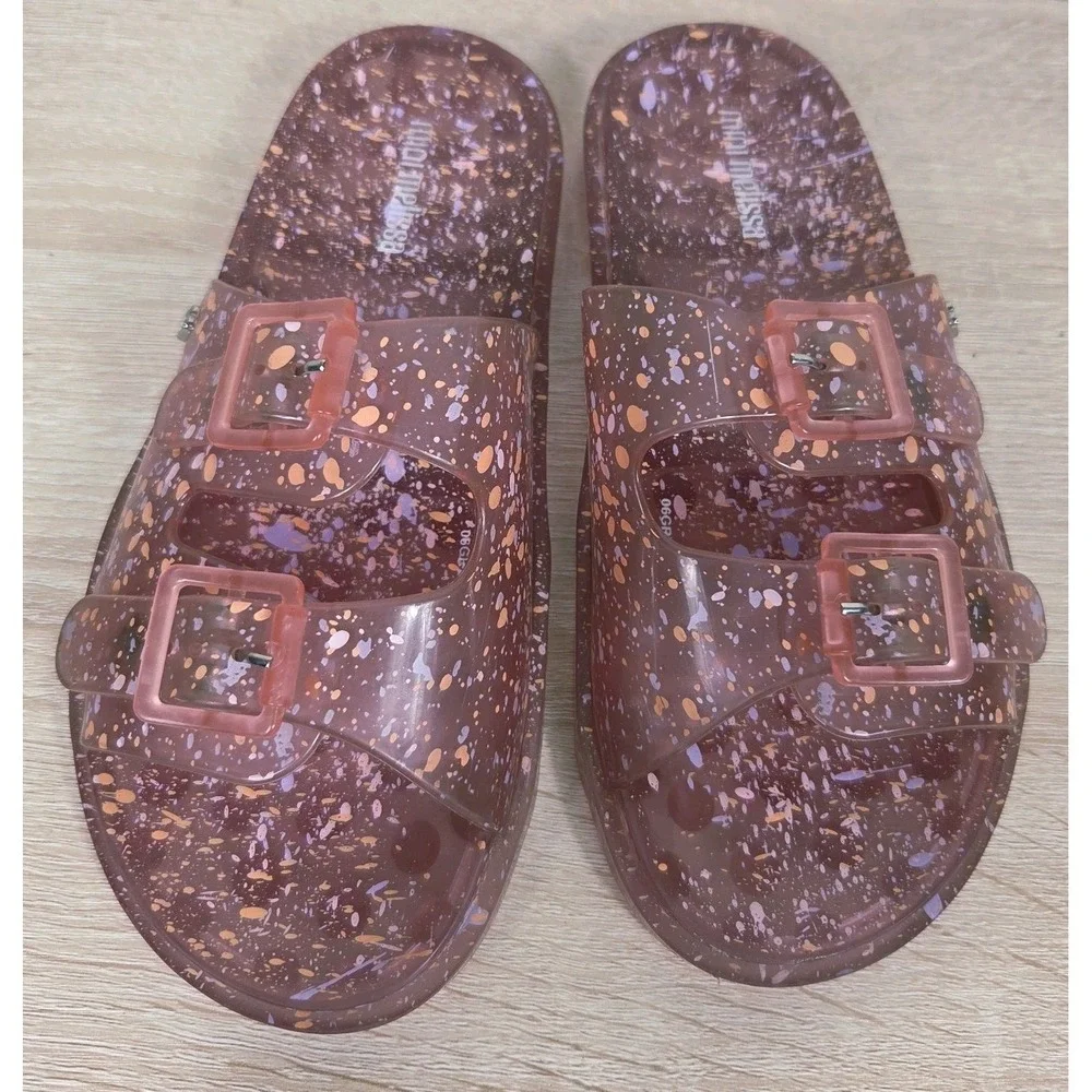 Mini Melissa Cosmic Splash Double Buckle Jelly Slides Kids Size 34 Glitter...